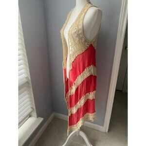 Velzera Cardigan Open Knit Coral Sleeveless Waterfall Boho Festival Southwest M